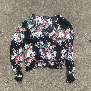 Moa Moa Blouse Women S Small Black Floral‎ V-Neck Log Sleeve Elastic Waist Rayon